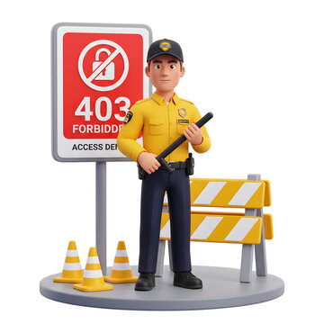 3D cartoon security guard with 403 forbidden access sign