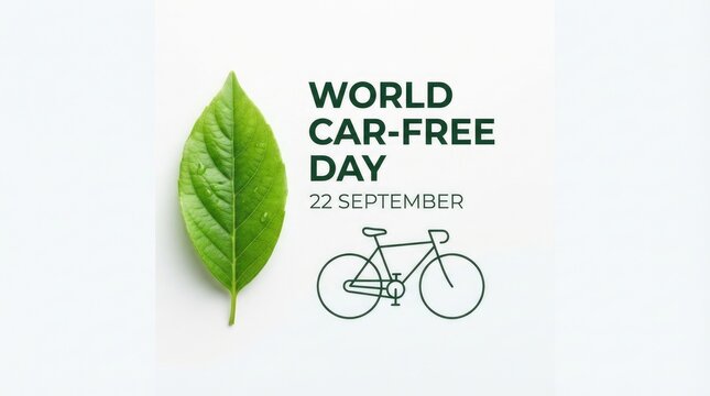 A conceptual design promoting world car free day featuring a vibrant green leaf and a bicycle illustration to encourage sustainable transportation and environmental awareness globally