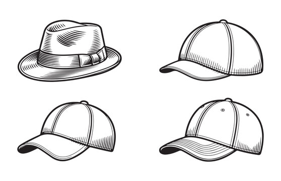 Vintage fedora hat and baseball caps engraved style shown from different angles on transparent background.