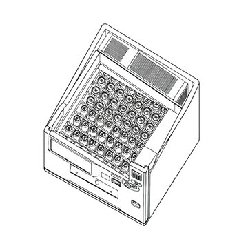 Technical isometric line drawing of laboratory thermal cycler, scientific PCR machine vector illustration, biotech research equipment for DNA amplification