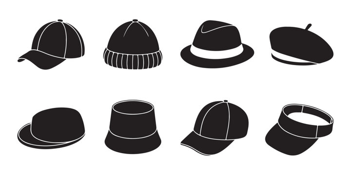 Assortment of hats baseball cap beanie fedora beret bucket hat and visor on transparent background.