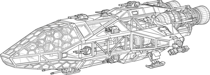 Futuristic sci fi spaceship blueprint vector illustration detailing cockpit structure thruster engines turrets and landing gear mechanics © MdAnarulIslam