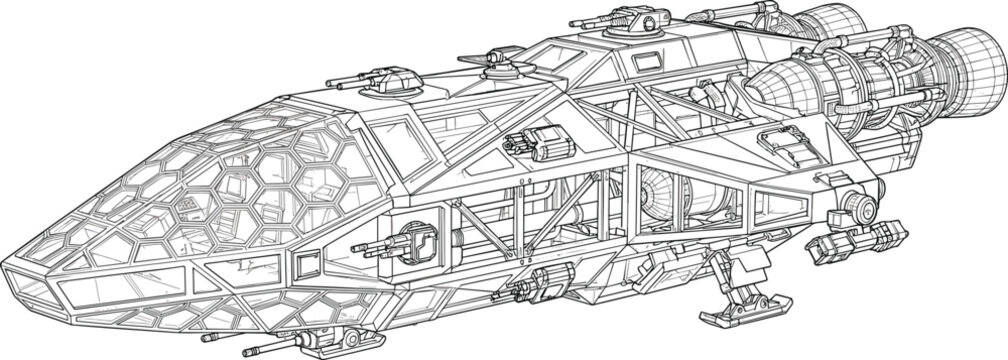 Futuristic sci fi spaceship blueprint vector illustration detailing cockpit structure thruster engines turrets and landing gear mechanics