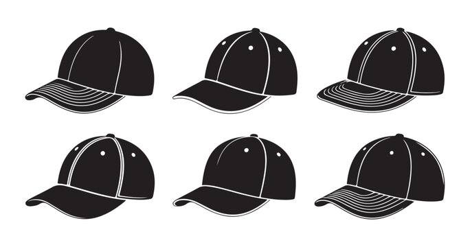 Collection of six black silhouette baseball caps on transparent background.