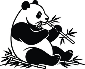 Giant panda bear vector illustration sitting down comfortably while eating fresh green bamboo stalks and leaves © MdAnarulIslam