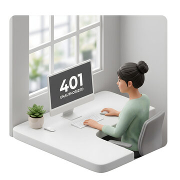 3D woman sitting at desk facing unauthorized access error 401