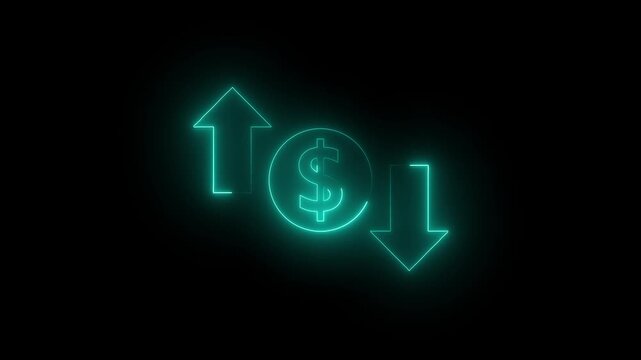 Neon dollar coin icon animation with up and down arrows for financial market trends on black background, 4K 