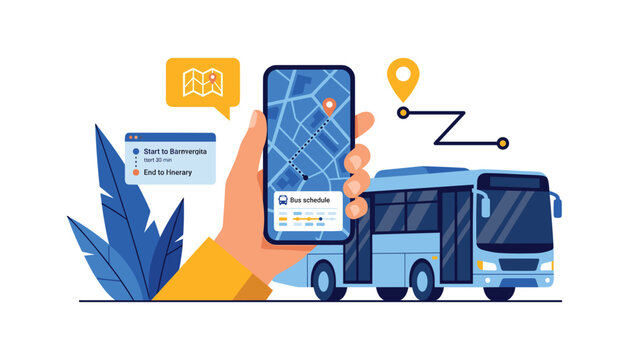 Online city bus tracking app with navigation map route schedule and hand holding smartphone vector concept illustration