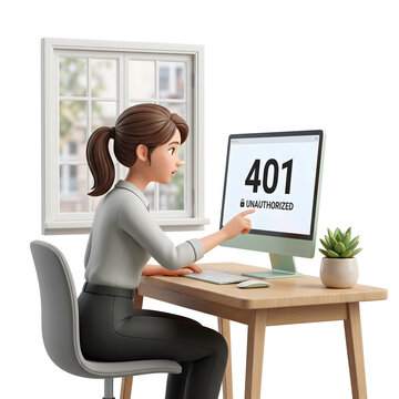 3D woman pointing at unauthorized error message on computer