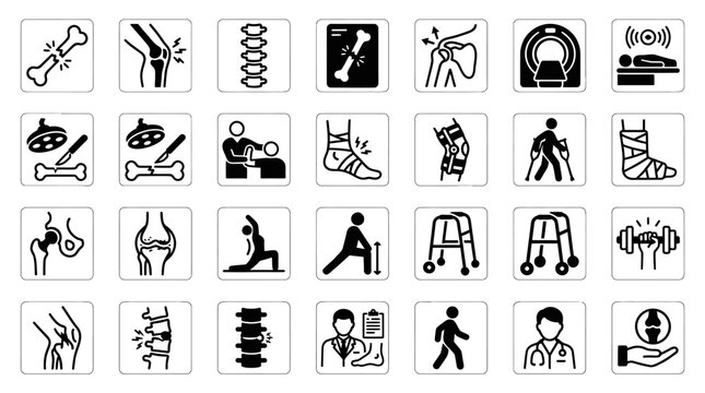 Medical orthopedic and physiotherapy rehabilitation icons set.