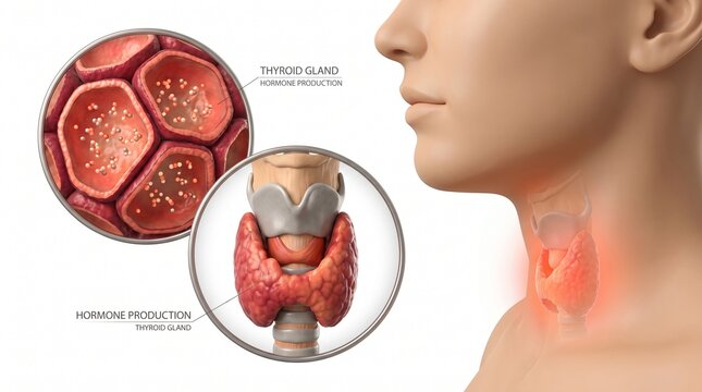 Medical illustration of thyroid gland and hormone production