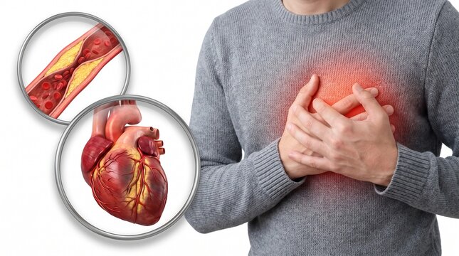 Medical illustration of heart pain and artery blockage