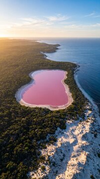Golden Hour Drone View of Lake Hillier Pink Lake Western Australia