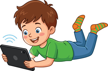 Cute Cartoon Little Boy Lying on Stomach Playing on Tablet Computer with Wifi Signal for Kids Online Education and Gaming Concepts