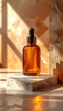 Amber Glass Dropper Bottle on Textured Pedestal with Natural Light.