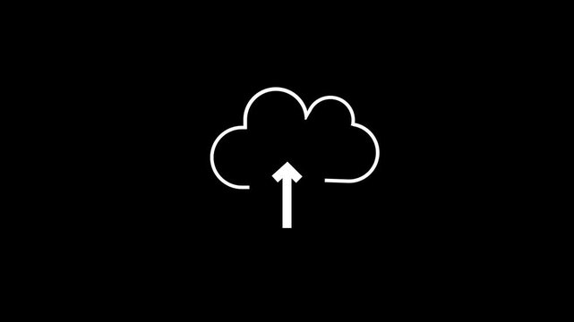 Minimalist cloud upload icon animation, digital data transfer concept, simple white line on black background, 4K motion graphic