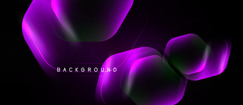 Abstract purple shapes overlap black background. Gradient lighting creates dynamic visual effect. Modern design element for digital projects.
