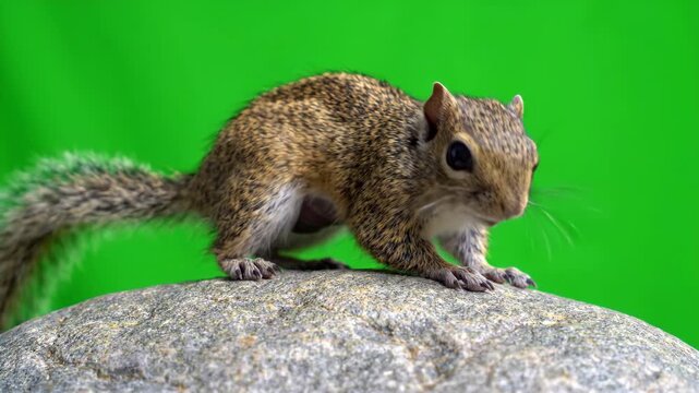 Furry squirrel climbing up a textured vertical surface against a solid green screen background for easy keying and compositing