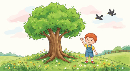 Cute Cartoon Boy Waving Hand Standing Next to Large Oak Tree on Green Meadow with Flowers for Nature and Environment Concepts
