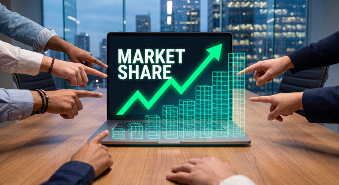 Market Share Growth Chart on Laptop Screen, Business Strategy Success, Team Collaboration, Financial Data Analysis, Corporate Strategy, Digital Marketing, Investment Growth, Stock Market Trends