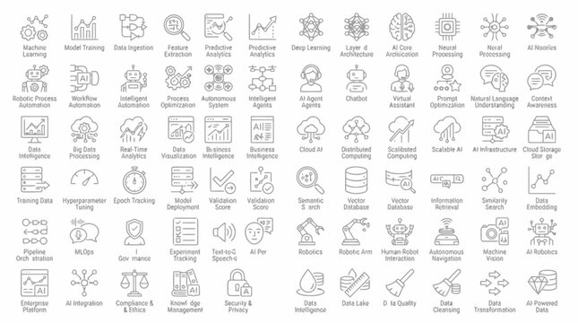 Artificial intelligence and machine learning technology icon set for data science computing.