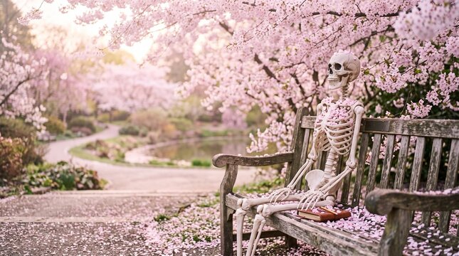 Human skeleton waiting on weathered park bench amidst spring cherry blossoms in ethereal landscape for surreal concept marketing