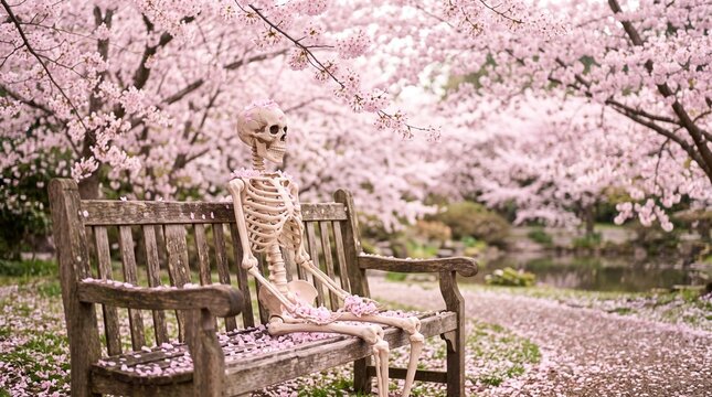 Human skeleton waiting patiently in a flowering sakura grove with soft bokeh for surreal conceptual marketing