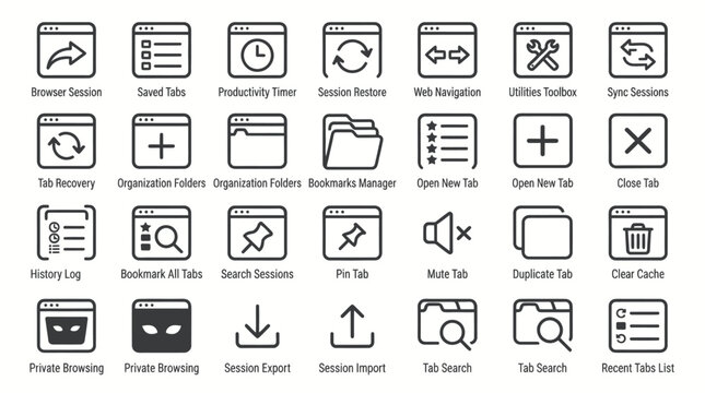 Web browser tab management and navigation session icons set