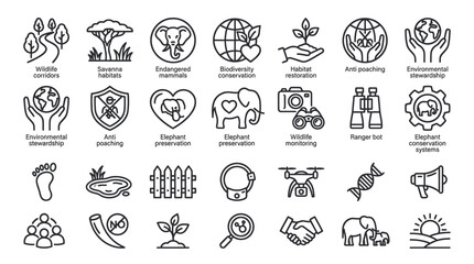 Wildlife conservation and environmental protection line icons. © muhammad