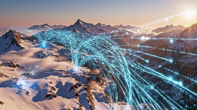 Abstract Data Lines Interconnect Snowy Mountain Peaks Under Sunlight