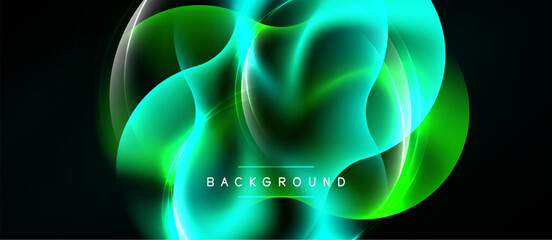 Naklejka premium Abstract flowing shapes, vibrant green hues, dark background. Modern design, dynamic composition, luminous effect. Background element for digital projects.