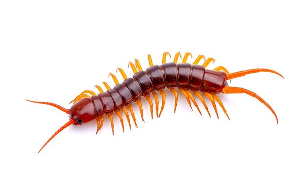 A zoomed, eye-level perspective showcases a segmented, elongated creature. Its brown body contrasts with the orange appendages and antennae against a white background