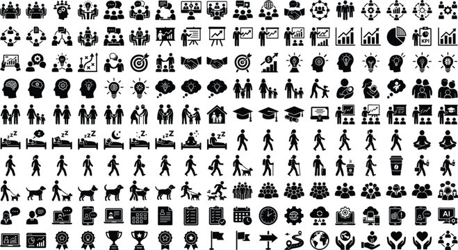 Diverse Business Icons Collection Representing Teamwork Growth Strategy and Lifestyle Concepts