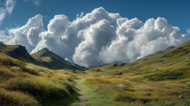 Green rolling hills and valley under a dramatic sky with massive clouds.