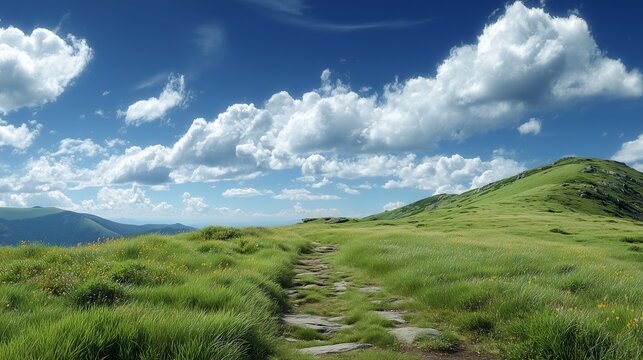 Green grassy path over rolling hills under a bright blue cloudy sky.