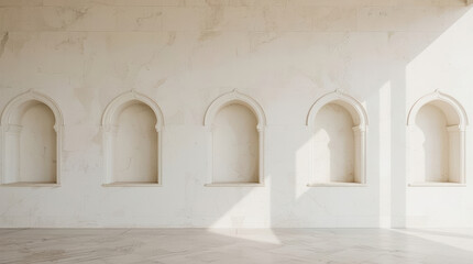Fototapeta premium Light cream arched niches minimal interior with soft sunlight and marble texture