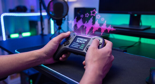 Gamer holding modern controller with glowing digital interface displaying audio waves and streaming data, vibrant neon lights, immersive gaming setup, e-sports entertainment