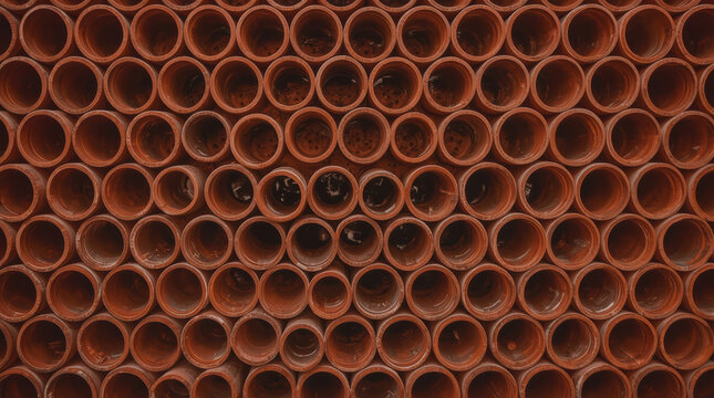 Stacked terracotta pipe arrangement in symmetrical grid showing texture and warm tones