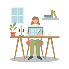 Fototapeta premium An illustration of a female designer working at her desk with a digital tablet, surrounded by a cozy home office setup with plants and books.