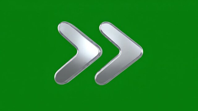 Glossy 3D rewind symbol with double arrows spinning against a chroma key green screen background for digital interface overlay
