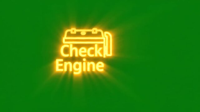 Glowing check engine warning icon blinking on a bright green screen background for digital dashboard interface compositing