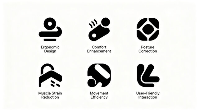 Ergonomic minimalist black icons neatly arranged, scientifically shaped to enhance comfort, correct posture, relieve muscle strain, and adapt to office protective equipment product promotion

