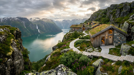 Modern wooden eco cabins built on scenic cliffside over calm blue fjord lake with majestic mountain range and dramatic sky background © MdRofiqul
