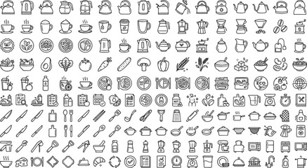 Fototapeta premium Kitchen utensil icons in a grid with clean linework for culinary designs
