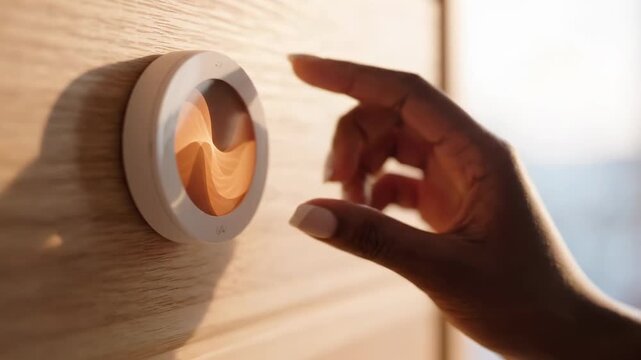 Woman's hand adjusting smart thermostat dial on a wooden wall, controlling home temperature, modern technology, home automation and comfort