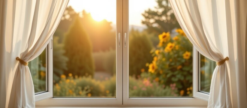 Sunlight streams through an open window revealing yellow flowers and greenery outside.