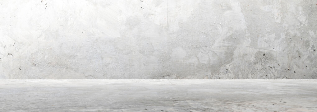 Minimalist Concrete Studio Background, Panoramic Light Gray Cement Wall and Floor Stage for Product Mockup Display.