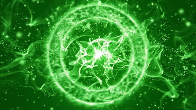 Glowing emerald mystical magic circle with rotating arcane runes and ethereal energy particles on a solid green screen background
