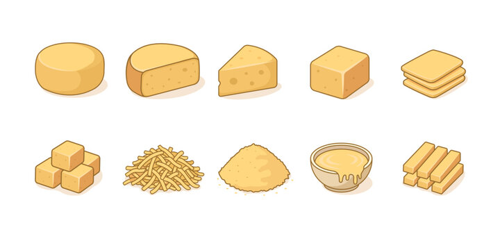 Cheese preparation collection clipart set featuring cheese wheel, edge, slices, cubes, shredded, grated, etc