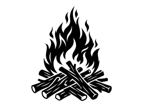 Vector illustration of a stylized bonfire with wooden logs and blazing black flames on white background